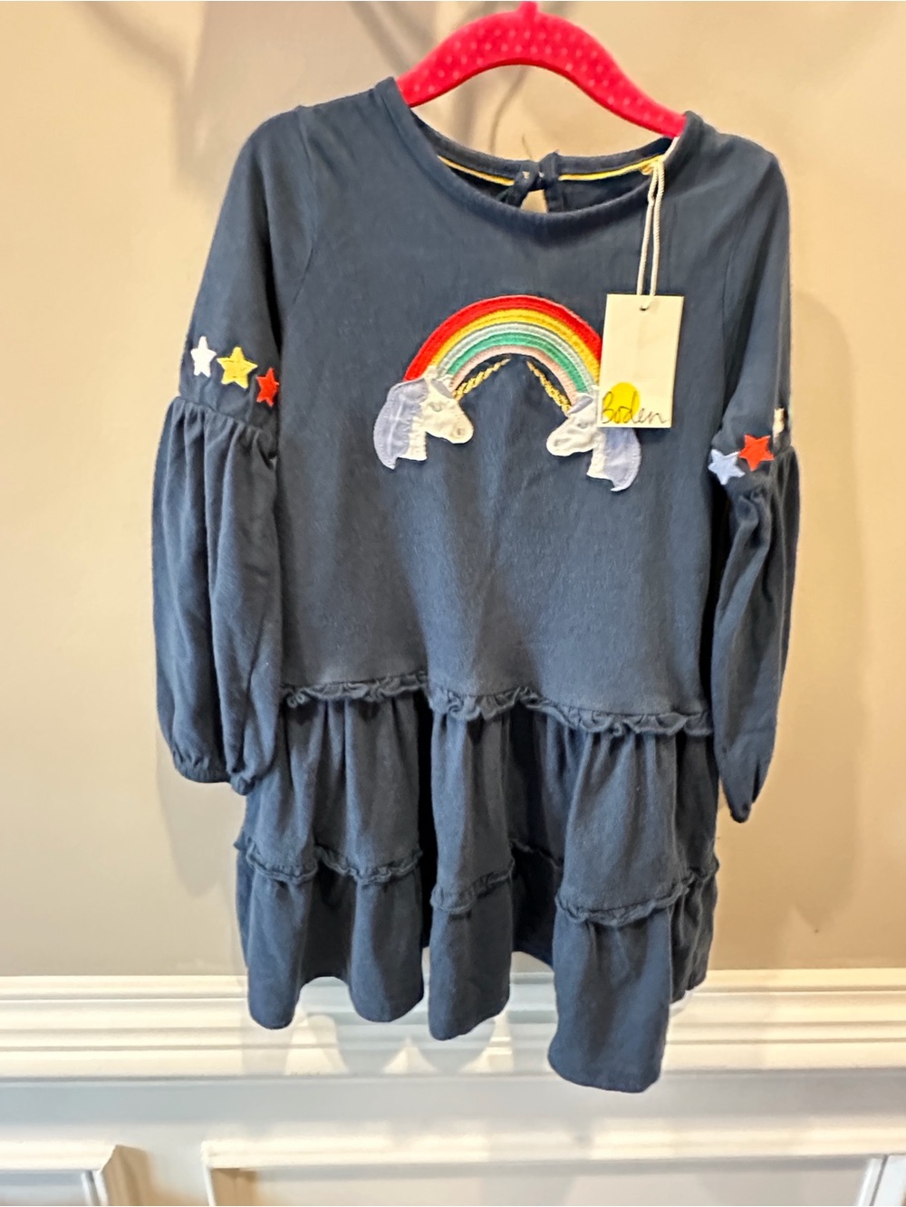 Mini Boden Kids Navy Unicorn Rainbow Tiered Dress
